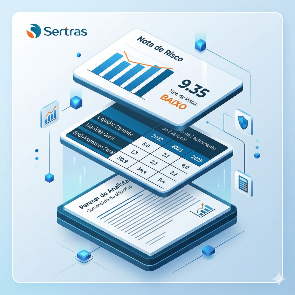 Mockup do Relatório de Análise Financeira Sertras mostrando nota de risco e indicadores financeiros.