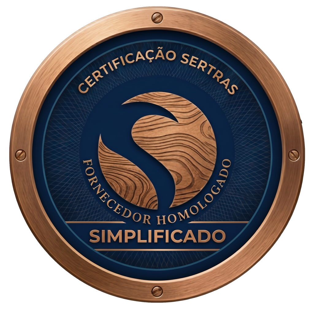 Selo da Certificação Sertras Simplificada para fornecedor homologado, em azul e bronze, representando confiança, regularidade documental e validação básica para compras corporativas.