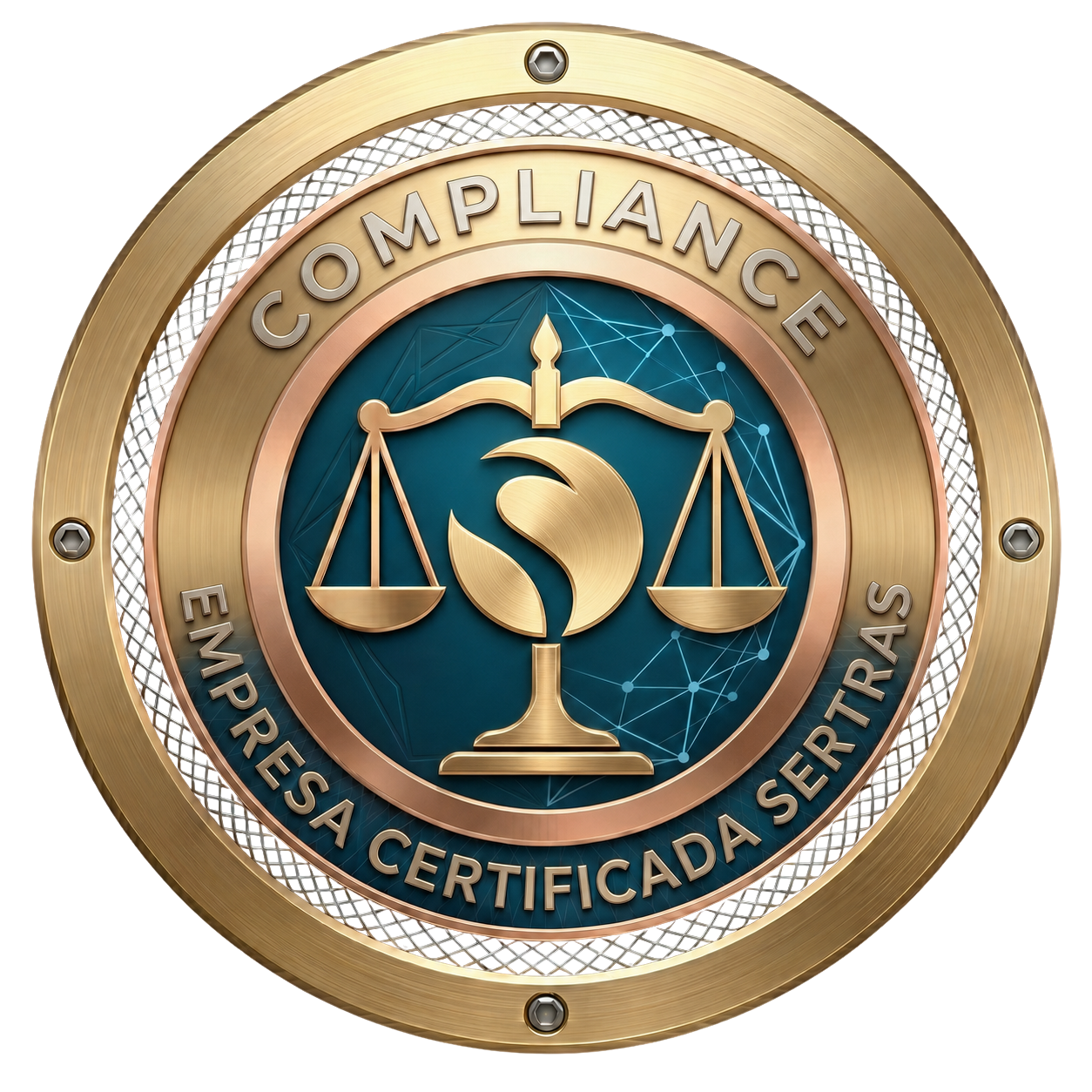 Selo metálico circular dourado de Compliance da Empresa Certificada Sertras, exibindo uma balança da justiça dourada sobre fundo azul-escuro.