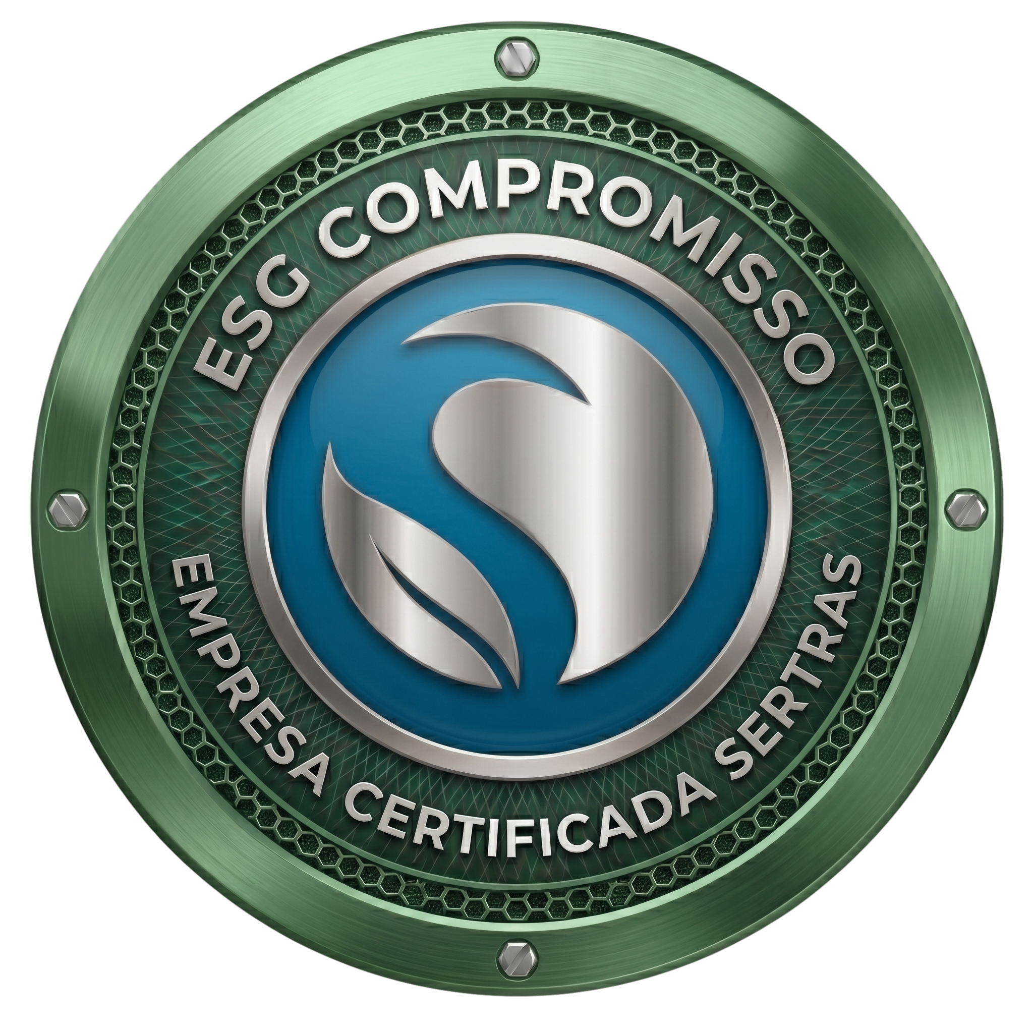 Selo metálico circular verde de ESG Compromisso da Empresa Certificada Sertras, exibindo um símbolo estilizado de folha prateada sobre fundo azul.