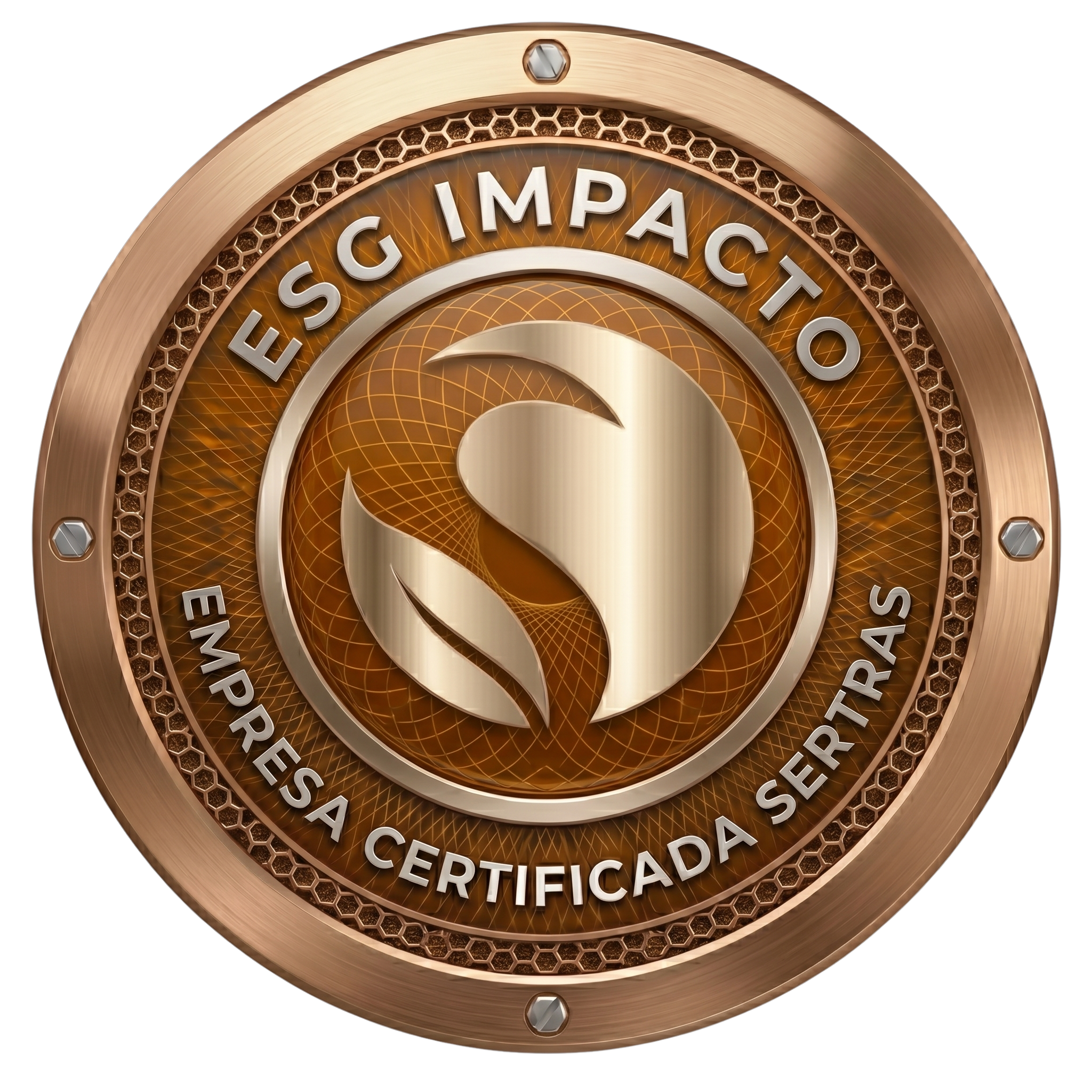 Selo metálico circular em tom bronze de ESG Impacto da Empresa Certificada Sertras, exibindo um símbolo estilizado de folha sobre fundo âmbar.