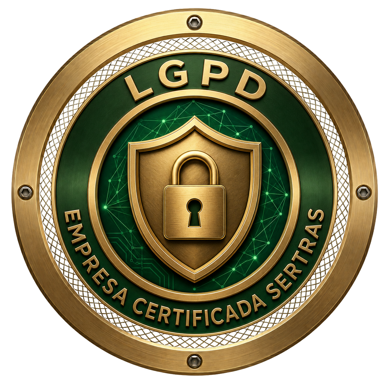 Selo metálico circular dourado e verde de LGPD da Empresa Certificada Sertras, exibindo um escudo com cadeado dourado ao centro.