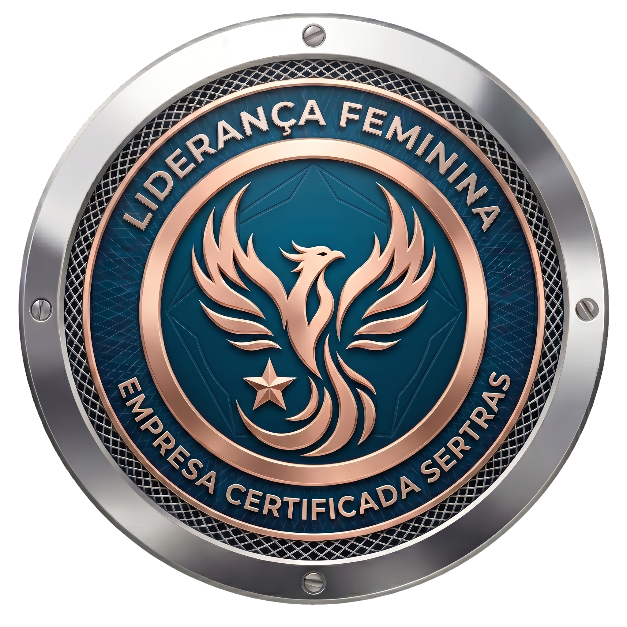 Selo metálico circular de Liderança Feminina da Empresa Certificada Sertras com uma fênix e uma estrela em tom cobreado sobre fundo azul-escuro.