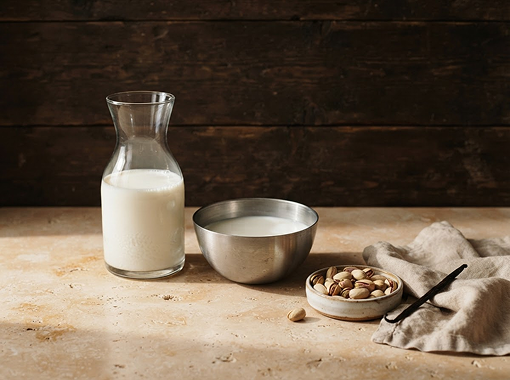 Ingredientes, da esquerda para direita: um jarro de vidro com leite, um bowl e um recipiente raso com sementes que parecem avelã.