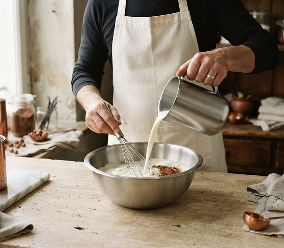 Homem colocando leite em um bowl enquanto mistura a receita com um fue na outra mão.
